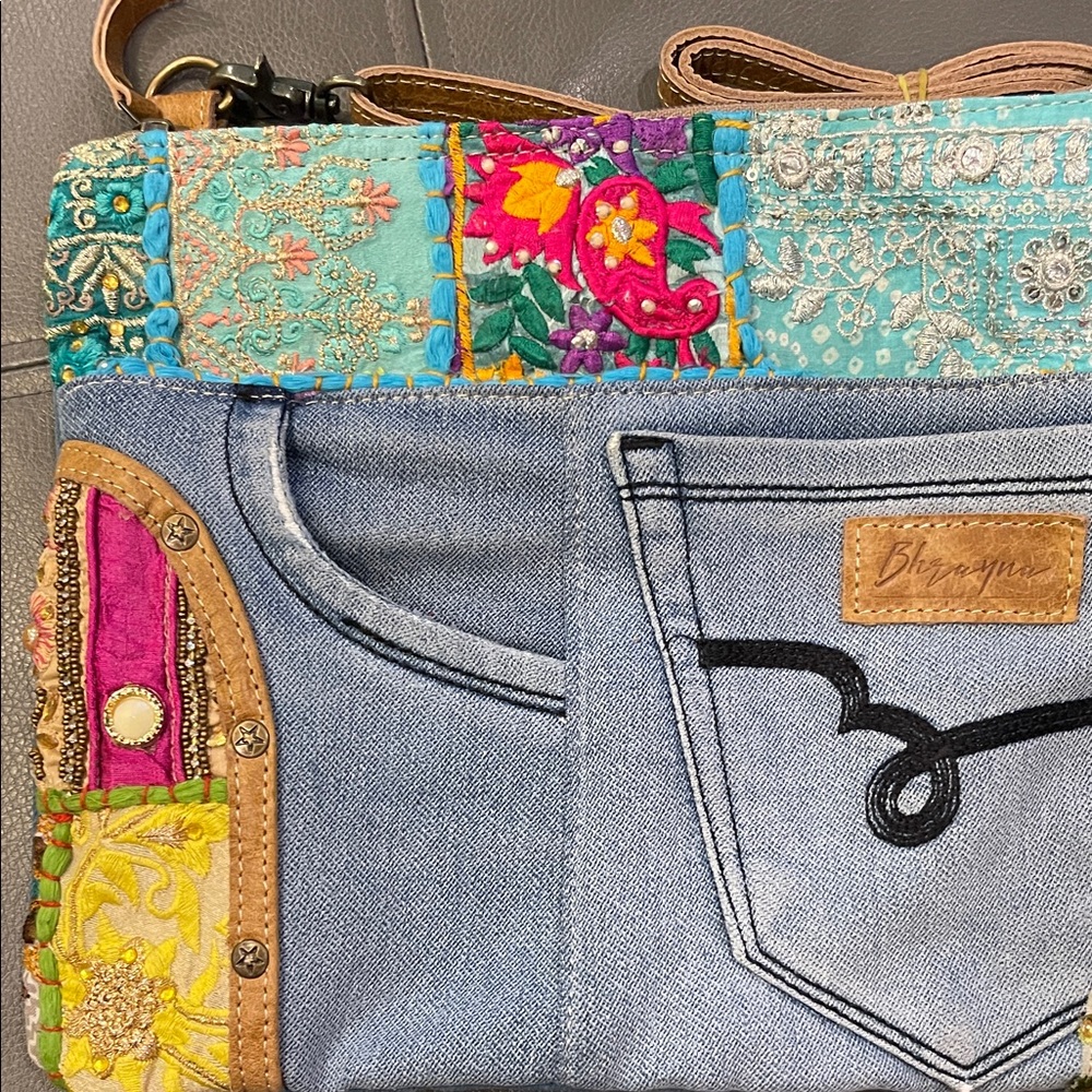 Bohemian Patchwork Denim Crossbody Bag Bhrayna Kairos Denim/Cotton/Leather